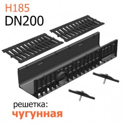 Лоток пластиковый DN200 H185 с чугунной решеткой щелевой