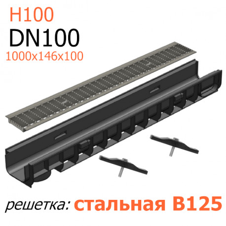 Лоток пластиковый DN100 H100 с решеткой стальной ячеистой