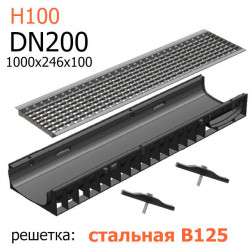 Пластиковый лоток DN200 H100 с решеткой стальной (ячеистой)