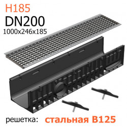 Пластиковый лоток DN200 H185 с решеткой стальной ячеистой