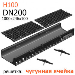 Лоток пластиковый DN200 H100 с чугунной решеткой ячеистой