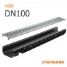 Пластиковый лоток DN100 H80 с решеткой стальной A15 Пластиковый лоток DN100 H80 в сборе с оцинкованной стальной решеткой