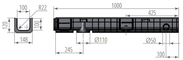 Чертежный вид лотка Norma Plastik DN100 H120