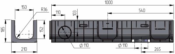 Чертежный вид лотка Norma Plastik DN150 H185