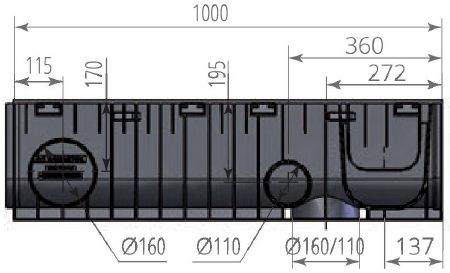 Чертежный вид лотка Norma Plastik DN200 H280