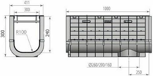 Чертежный вид: Лоток ЛВП PROFI PLASTIK DN300 H300 PARK с решеткой
