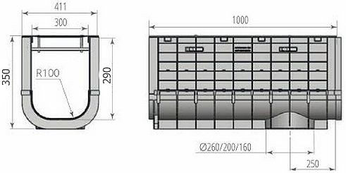 Чертежный вид: Лоток ЛВП PROFI PLASTIK DN300 H350 PARK с решеткой