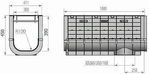 Чертежный вид: Лоток ЛВП PROFI PLASTIK DN300 H450 PARK с решеткой