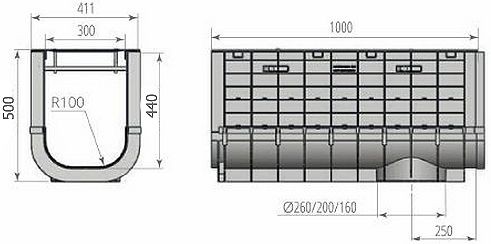 Чертежный вид: Лоток ЛВП PROFI PLASTIK DN300 H500 PARK с решеткой