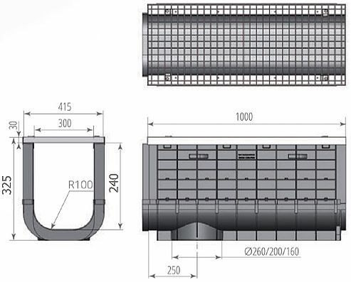 Чертежный вид: Лоток ЛВП Profi DN300 Н325 A15 с решеткой