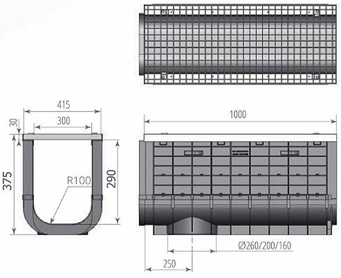 Чертежный вид: ЛВП Profi Plastik DN300 H375 A15 с решеткой