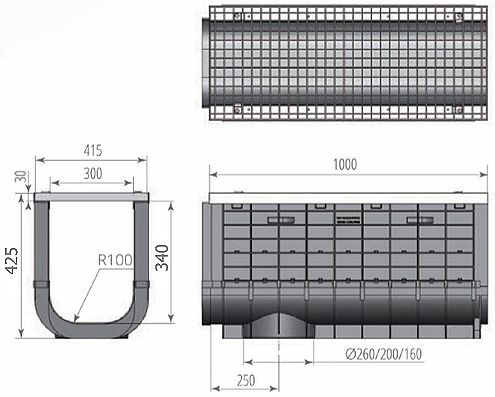 Чертеж: ЛВП Profi Plastik DN300 H425 A15 с решеткой