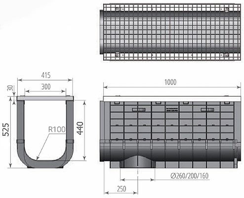 Чертеж: ЛВП Profi Plastik DN300 H525 A15 с решеткой