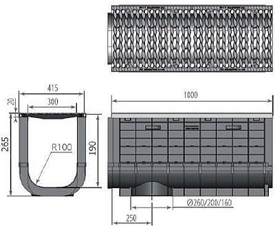 Чертеж: ЛВП Profi Plastik DN300 H265 С250 с решеткой