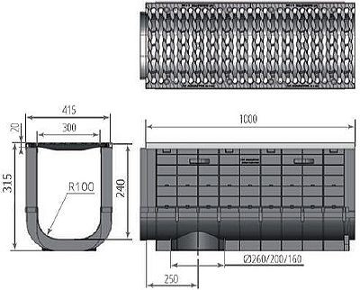 Чертеж: ЛВП Profi Plastik DN300 H315 С250 с решеткой