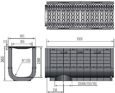 Чертеж: ЛВП Profi Plastik DN300 H365 С250 с решеткой