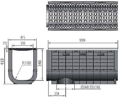 Чертеж: ЛВП Profi Plastik DN300 H415 С250 с решеткой