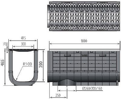 Чертеж: ЛВП Profi Plastik DN300 H465 С250 с решеткой
