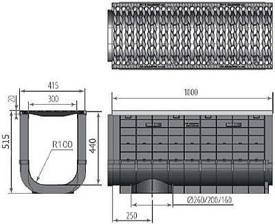 Чертеж: ЛВП Profi Plastik DN300 H515 С250 с решеткой