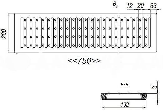 Чугунная решетка водоприемная 750х200, ВЧ кл.D