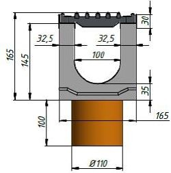 Cхема лотка Super DN100 H165 с вертикальным водоотводом, вид спереди