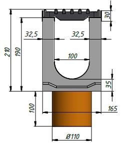 Cхема лотка Super DN100 H210 с вертикальным водоотводом, вид спереди