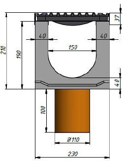 Cхема лотка Super DN150 H210 с вертикальным водоотводом, вид спереди