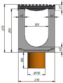 Cхема лотка Super DN150 H275 с вертикальным водоотводом, вид спереди