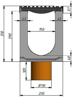 Cхема лотка Super DN150 H310 с вертикальным водоотводом, вид спереди