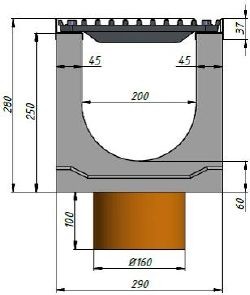 Cхема лотка Super DN200 H280 с вертикальным водоотводом, вид спереди