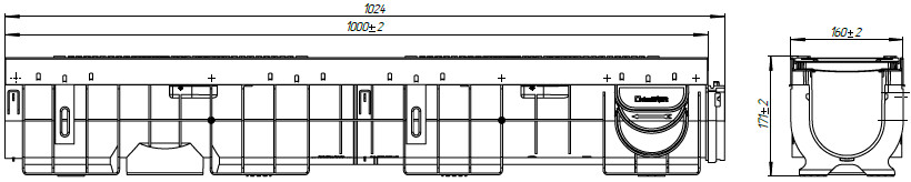Чертеж лотка PolyMax Drive ЛВ-10.16.16-ПП с чугунной решеткой, кл. C