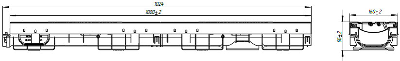 Чертеж лотка PolyMax Drive DN100 H96 с чугунной решеткой, кл. E