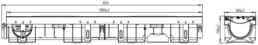 Чертеж лотка PolyMax Drive DN100 H136 с чугунной решеткой, кл. E