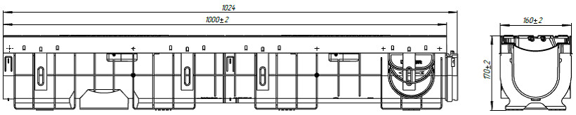 Чертеж лотка PolyMax Drive DN100 H170 с чугунной решеткой, кл. E