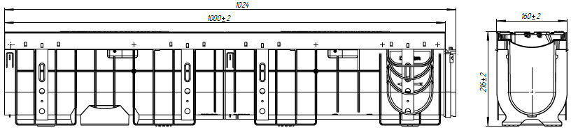 Чертеж лотка PolyMax Drive DN100 H216 с чугунной решеткой, кл. E