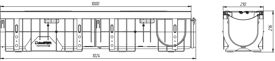 Чертеж лотка PolyMax Drive DN150 H216 с чугунной решеткой, кл. E