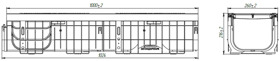 Чертеж лотка PolyMax Drive ЛВ-20.26.20-ПП с чугунной решеткой, кл. C