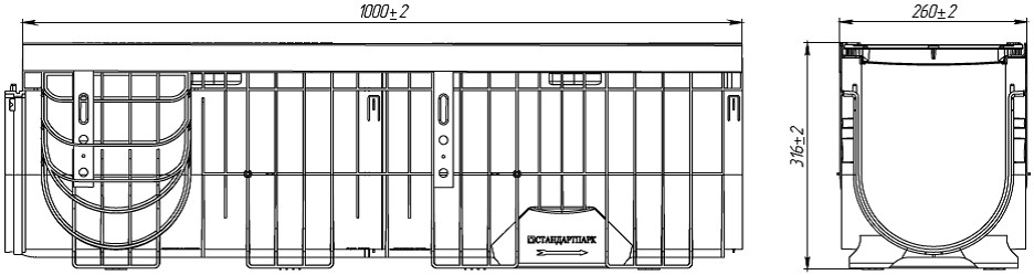 Чертеж лотка PolyMax Drive ЛВ-20.26.30-ПП с чугунной решеткой, кл. C