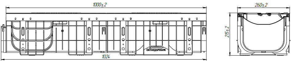 Чертеж лотка PolyMax Drive DN200 H216 с чугунной решеткой, кл. E