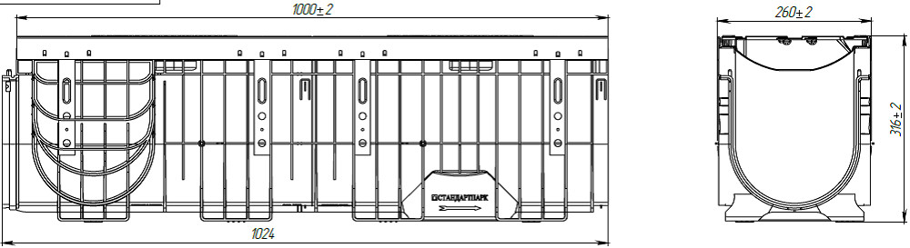 Чертеж лотка PolyMax Drive DN200 H316 с чугунной решеткой, кл. E