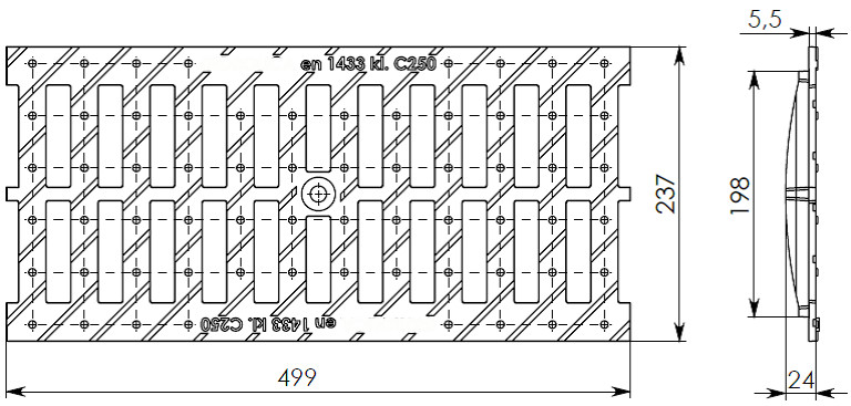 Чертеж чугунной щелевой решетки DN200