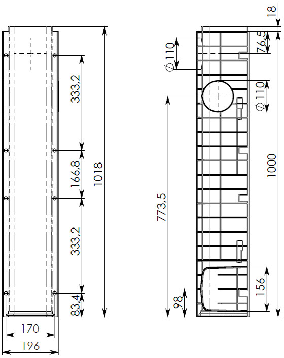 Чертеж лотка DN150 H185 из пластика