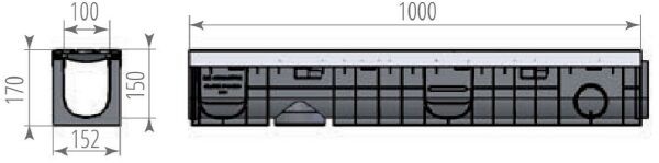 Чертежный вид лотка Profi Plastik DN100 H170