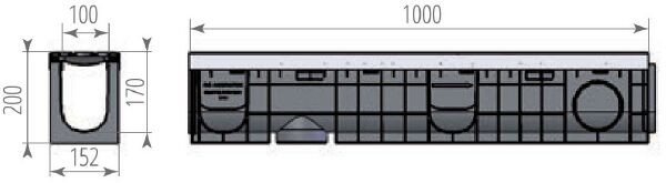 Чертежный вид лотка Profi Plastik DN100 H200