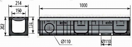 Чертежный вид лотка Profi Plastik DN150 H202