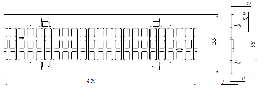 Схема решетки РВЧЯ DN100 C250 с пружинным крепежом защелкой, вид снизу