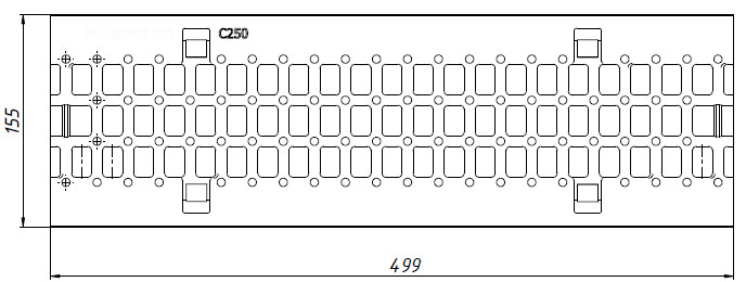 Схема решетки РВЧЯ - RU13050 - 10 (C250) - 50х15,5х0,7 - 1,5/2,2 с пружинным крепежом, вид сверху