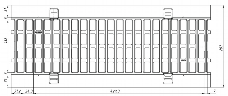 Схема решеткиРВЧЯ - RU13136 - 15 (C250) - 50х20,7х0,7 - 1,5/2,8, вид снизу