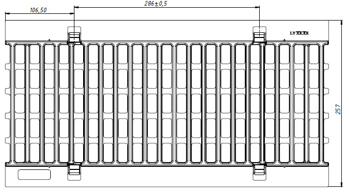 Схема решетки РВЧЯ - RU13185- 20 (C250) - 50х25,7х0,7 - 1,5/2,9, вид снизу