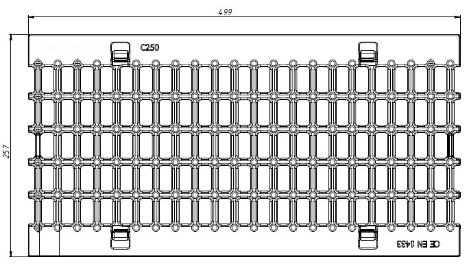 Схема решетки РВЧЯ - RU13185- 20 (C250) - 50х25,7х0,7 - 1,5/2,9 с пружинным крепежом, вид сверху